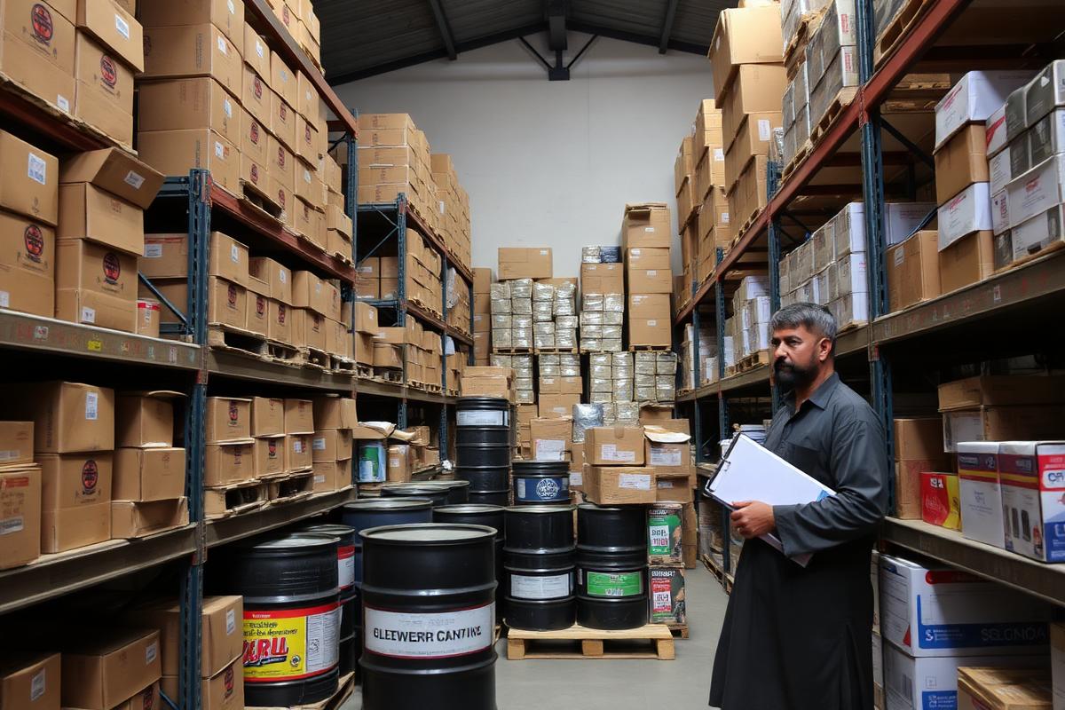 Storekeeper checking racks of cartons and drums in a Rawalpindi warehouse